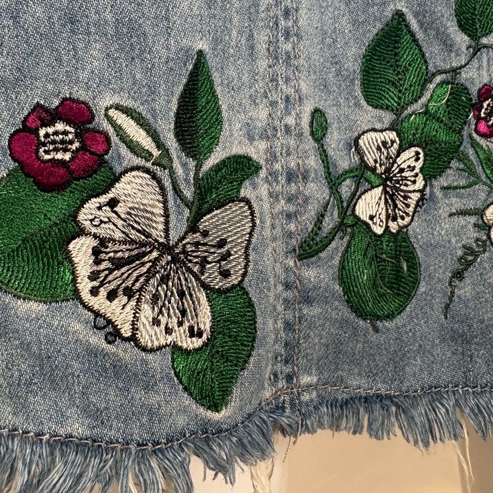 H&M X Coachella Floral Embroidered Denim Overall Dress Size 12 Wrap Front Belt - Picture 7 of 13